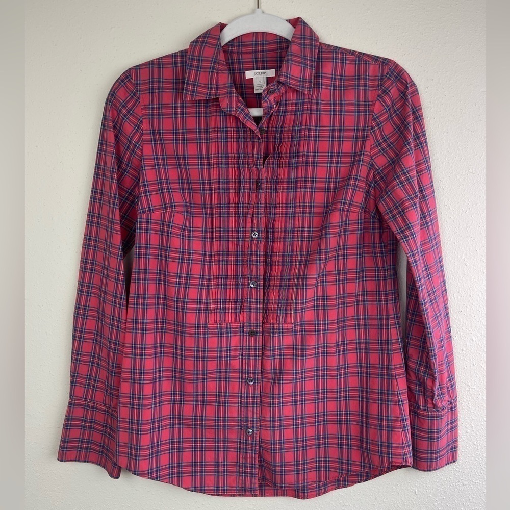 J. Crew Tartan Plaid Pintuck Button Down Top Size 0 - Picture 2 of 6